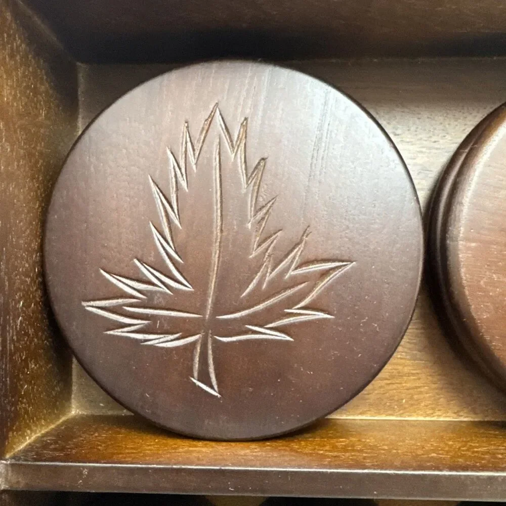 Carved Wooden leaf coasters and Napkin Rings Set of 6 each with display